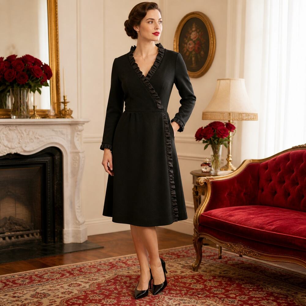 60s Vintage R&K Knits Black Wrap Dress, Satin Ruffle Trim Long Sleeve - M